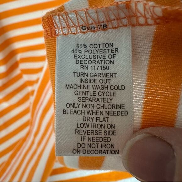 Quacker Factory 3/4 sleeve T-shirt orange white stripe sequin, hot pink flamingo - Picture 5 of 8